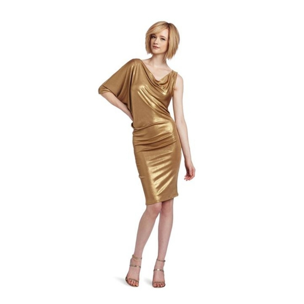 BCBG MaxAzria Gold Abriel draped cowl neck holiday dress one shoulder size large